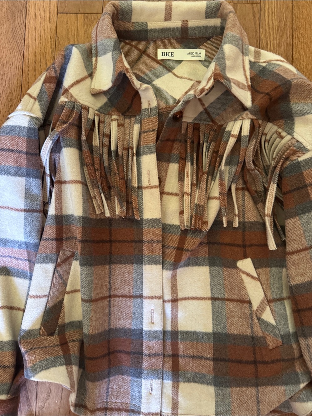 BKE Plaid Fringe Jacket in Cream, Brown & Gray